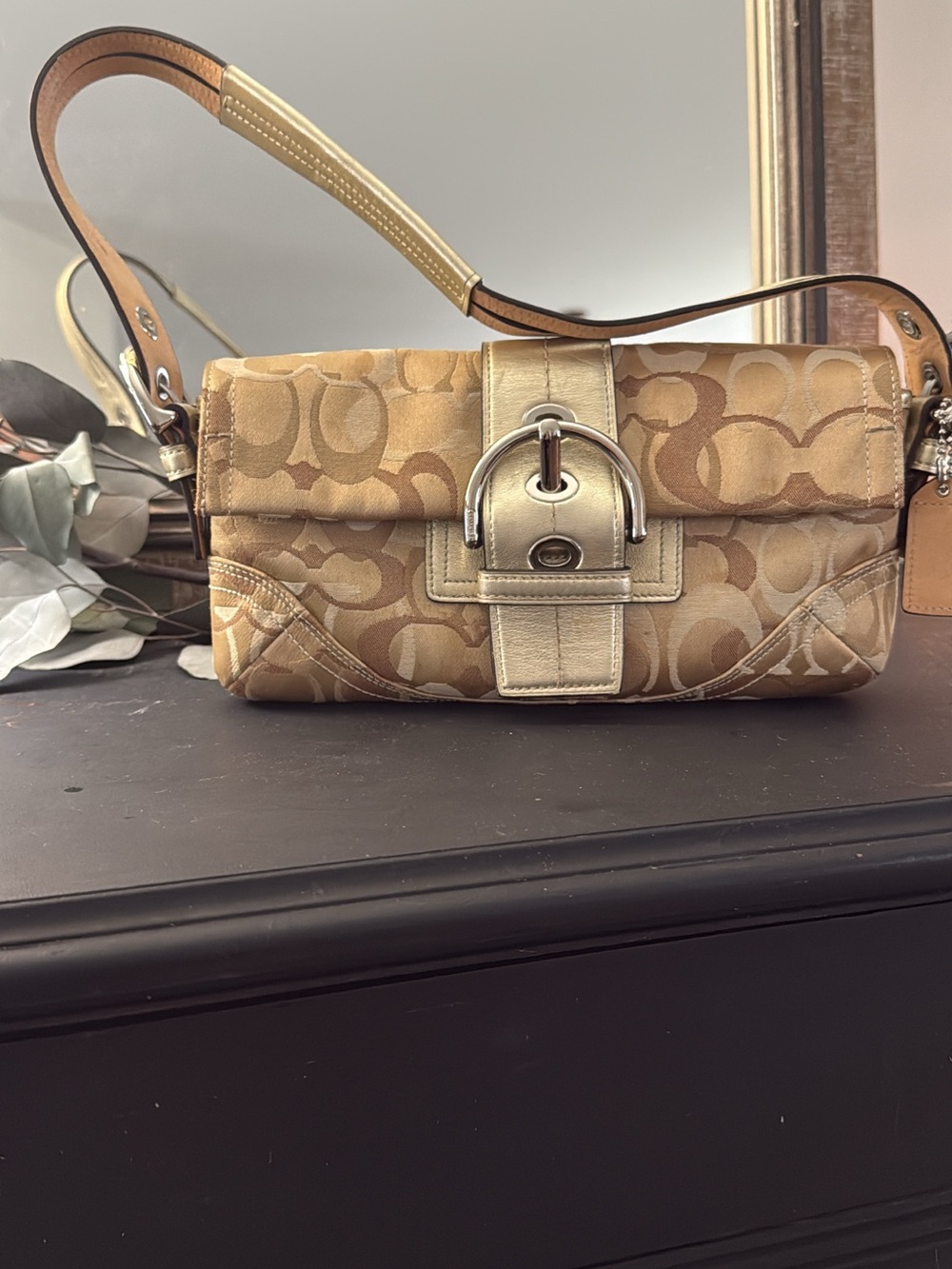 Coach Tan Signature Canvas Shoulder Bag with Metallic Buckle